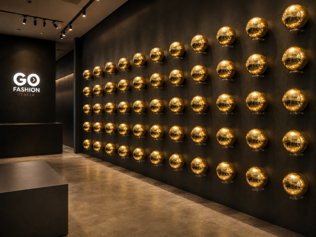 Interno luminoso di un punto vendita retail con espositori, capi appesi e colli pronti per la consegna.
